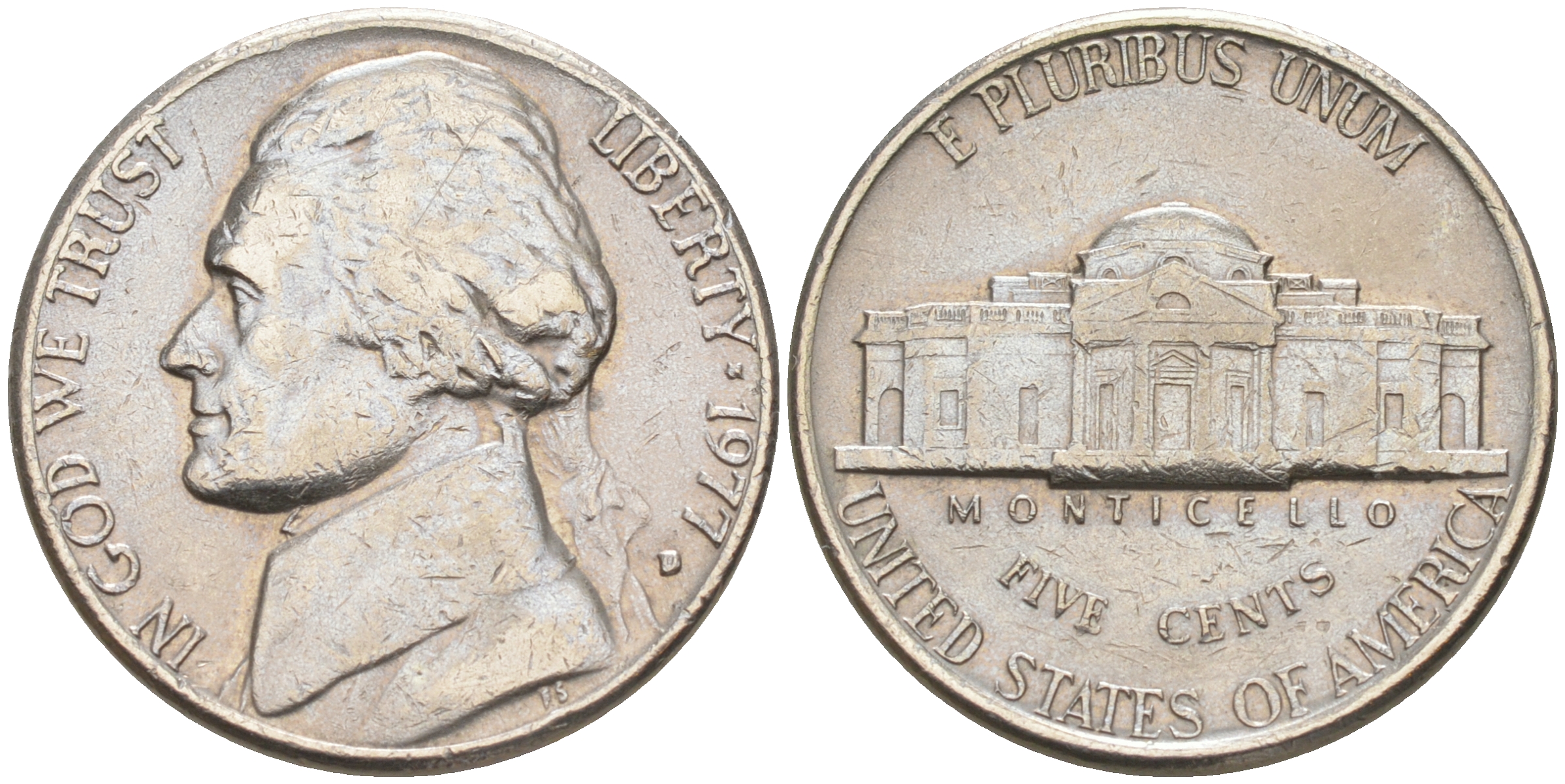 США 5 ЦЕНТОВ 1977 D ДЖЕФФЕРСОН KM A192 медно-никель 190-125