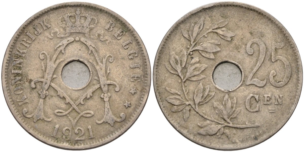 Бельгия 25 сантимов 1921 BELGIE KM 69 медно-никель 4117-1134