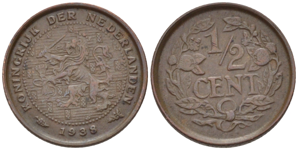 НИДЕРЛАНДЫ 1/2 ЦЕНТА 1938 ВИЛЬГЕЛЬМИНА (1890-1948) KM 138 бронза 39-232