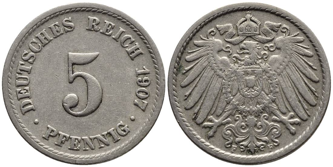 ГЕРМАНИЯ 5 ПФЕННИГОВ 1907 F KM 11, Jager 12, Weege 6 медно-никель 4547-459