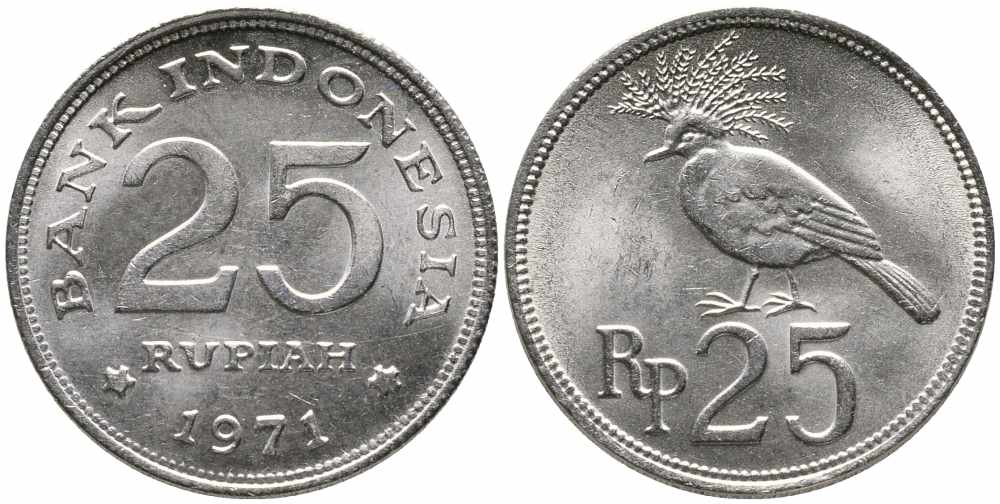Индонезия 25 рупий 1971 венценосный голубь KM 34 медно-никель 86-1033