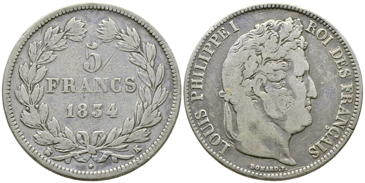 Франция 5 франков 1834 K, Луи Филипп I (1830-1848) KM 749.7 серебро 1066-6-24