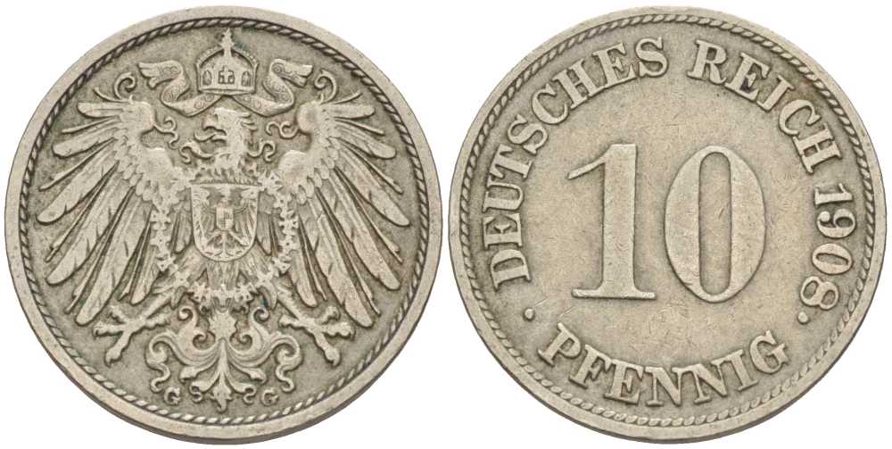 ГЕРМАНИЯ 10 ПФЕННИГОВ 1908 G KM 12, J. 13 медно-никель 31-324