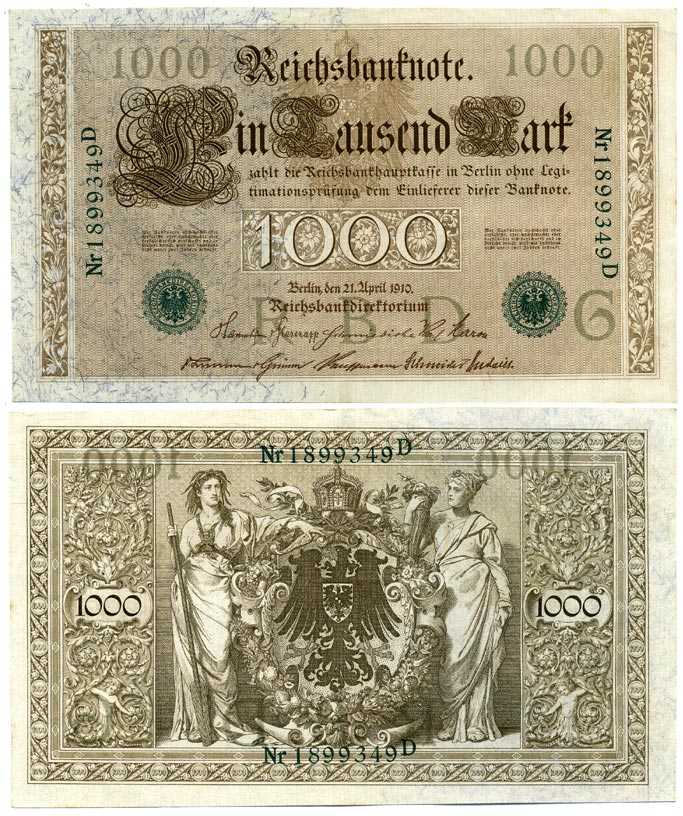 ГЕРМАНИЯ 1000 МАРОК 1910 21 АПРЕЛЯ 1910, ЗЕЛЁНАЯ ПЕЧАТЬ, СЕМИЗНАЧНЫЙ НОМЕР Pick 45b бумага 7198-30-2-2