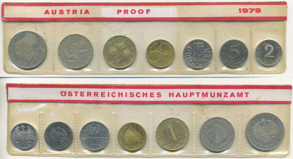 Австрия набор из 7 монет  1979  2, 5, 10, 50 грошей, 1, 5, 10 шиллингов, в целлофане KM PS 39 PROOF 4400-3-3