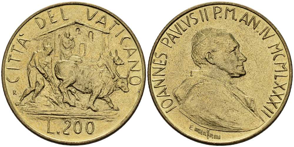 ВАТИКАН 200 ЛИР 1982 ГОД IV, ИОАНН ПАВЕЛ II (1978-2005), КРЕСТЬЯНСКИЙ ТРУД, ЗЕМЛЕПАШЕЦ НА БЫКАХ KM 165 алюминиевая бронза 4519-321