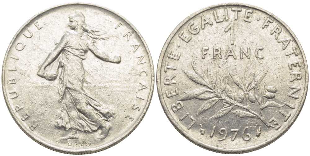 ФРАНЦИЯ 1 ФРАНК 1976 СЕЯТЕЛЬ KM 925.1, LE FRANC 226.21 никель 175-535
