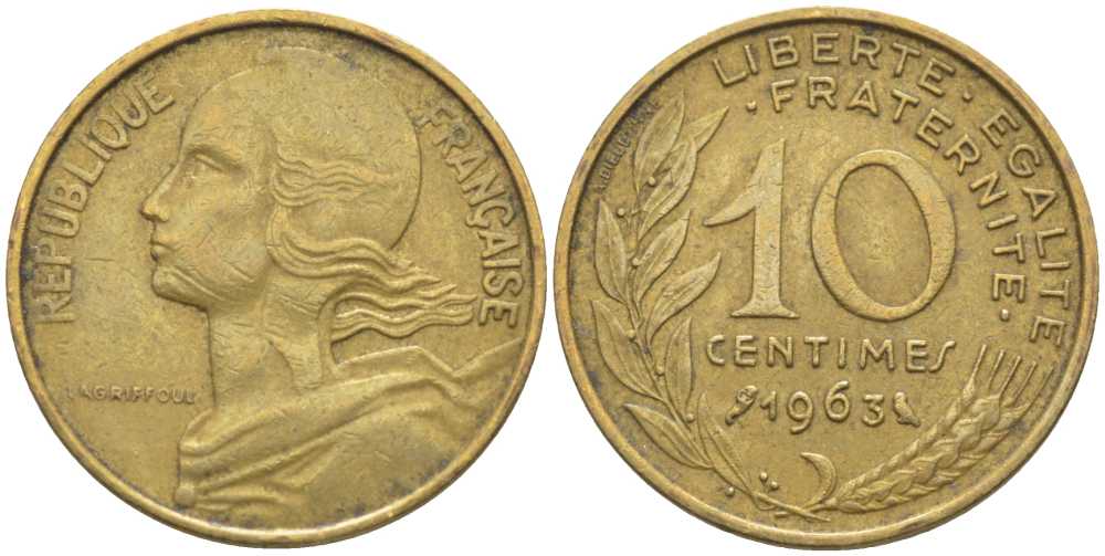 ФРАНЦИЯ 10 САНТИМОВ 1963 ТИП MARIANE KM 929, LE FRANC 144.3 алюминиевая бронза 116-419