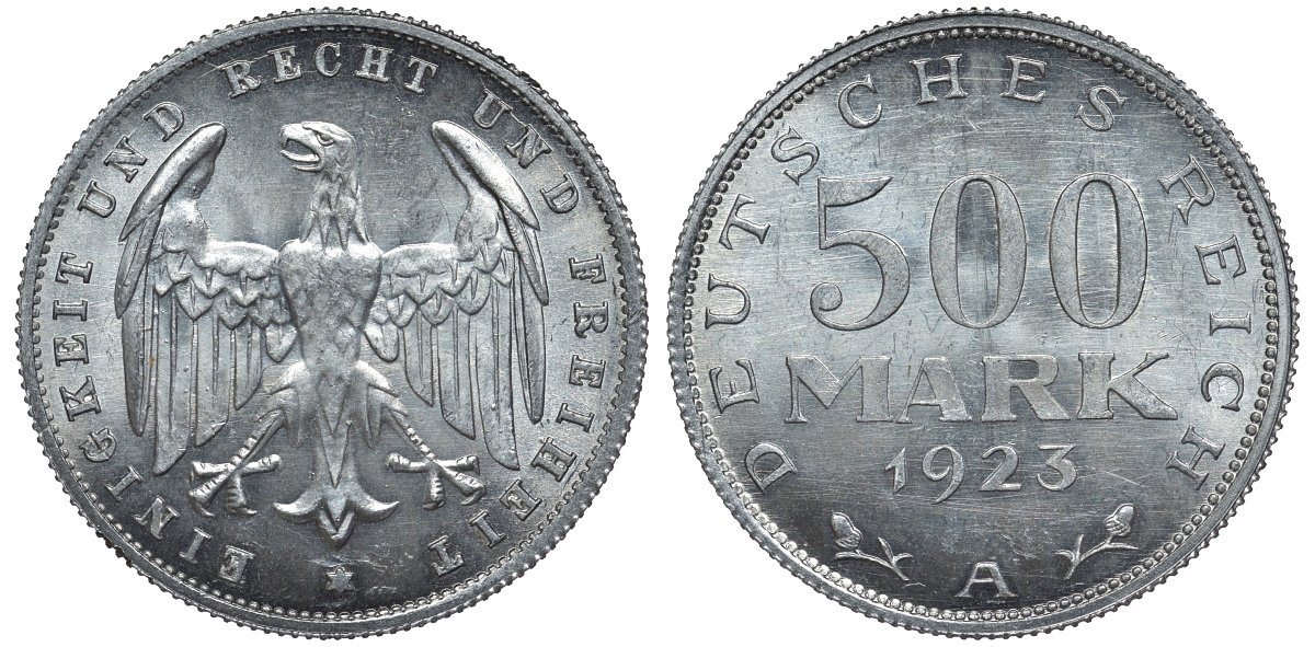 Германия 500 марок 1923 А KM 36, J.305 алюминий UNC 4587-531
