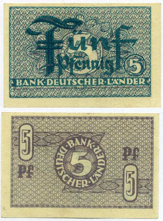 ФРГ 5 ПФЕННИГОВ 1948 BANK DEUTSCHER LANDER Pick 11a, Rosenberg 250а бумага UNC (ПРЕСС) 8613-14-1-1