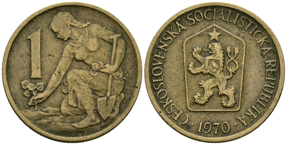 Чехословаки 1 крона 1970 Женщина сажает липовое дерево KM 50 алюминиевая бронза 4138-943