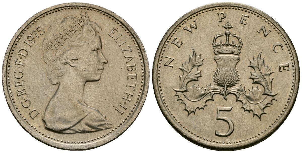 Великобритания 5 пенсов 1975 Елизавета II (1952-2022) KM 911, Spink 4233 (D1) медно-никель 4538-216