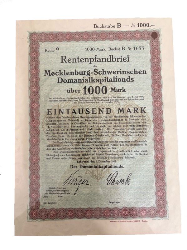 Германия акция на 1000 марок 1919 Рентная облигация (Rentenpfandbrief) земельного фонда Мекленбург-Шверина / Rentenpfandbrief des Mecklenburg-Schwerinschen Domanialkapitalfonds бумага 5555-5