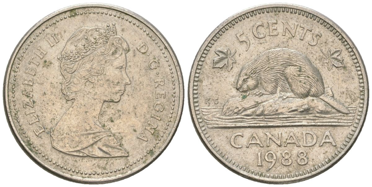 Канада 5 центов 1988 Елизавета II (1952-2022), бобр KM 60.2a медно-никель aUNC 4617-934