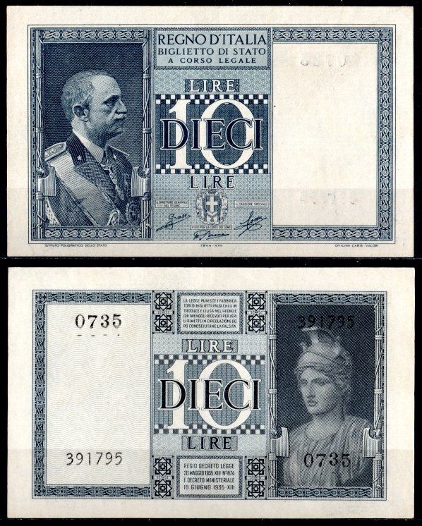 Италия 10 лир 1935 (1944) Витторио Эмануэле III Pick 25 c бумага aUNC 451-1092-3