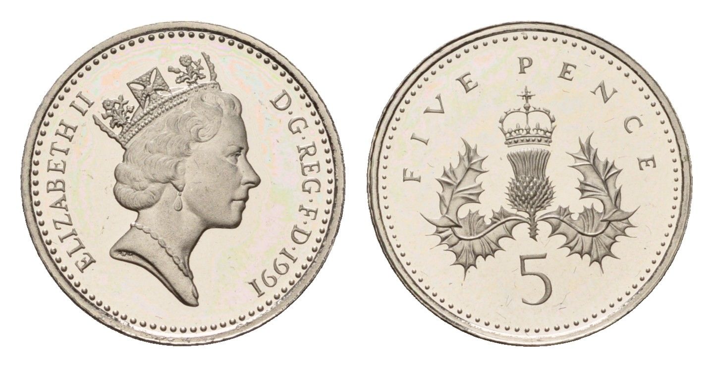 Великобритания 5 пенсов 1991 Елизавета II (1952-2022) KM 937b, Spink 4372 (D4) медно-никель PROOF 3711-1513