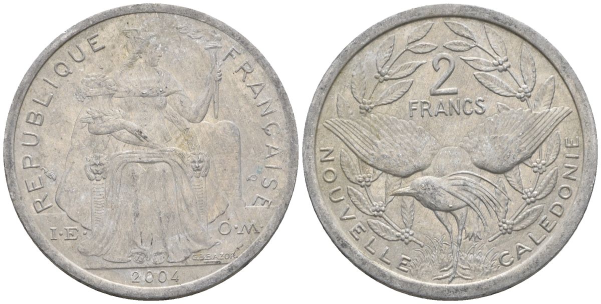 Французская Новая Каледония 2 франка 2004 птица кагу, (IEOM) KM 14, Schoen 11, Lec 68i алюминий    25-1754
