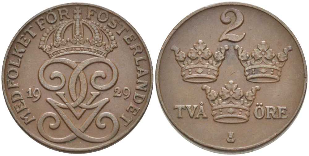 Швеция 2 эре 1929 Густав V (1907-1950) KM 778 бронза 119-1017