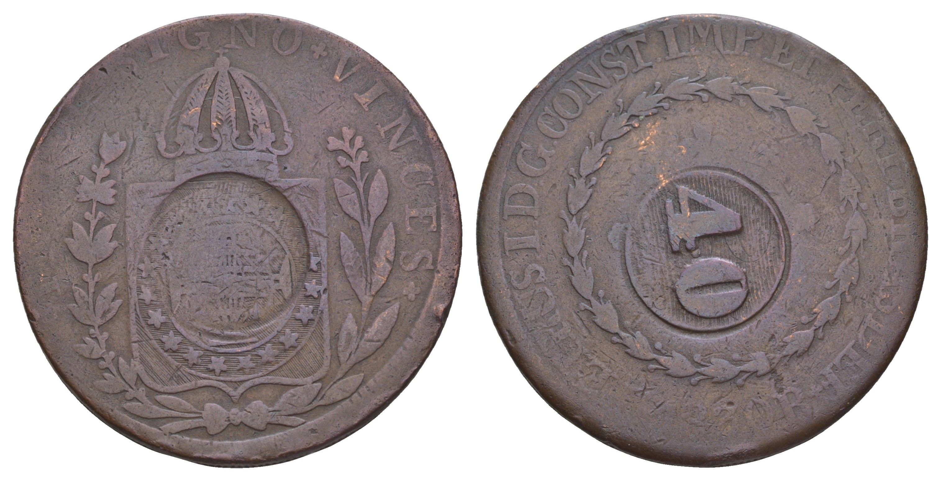 Бразилия 40 реалов 1830 Перечекан на 80 рейсах KM 444 медь 1518-1731