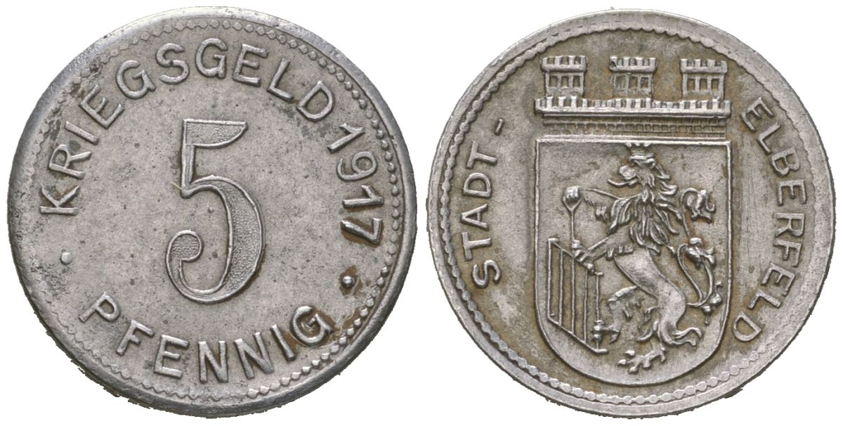Эльберфельд (Пруссия, Рейн) 5 пфеннингов 1917 Funck 111.4, Men05 6413.5, Men18 8040.5 железо aUNC 4169-1062