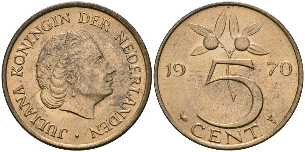 Нидерланды 5 центов 1970 Юлиана (1948-1980) KM 181 бронза 4579-625