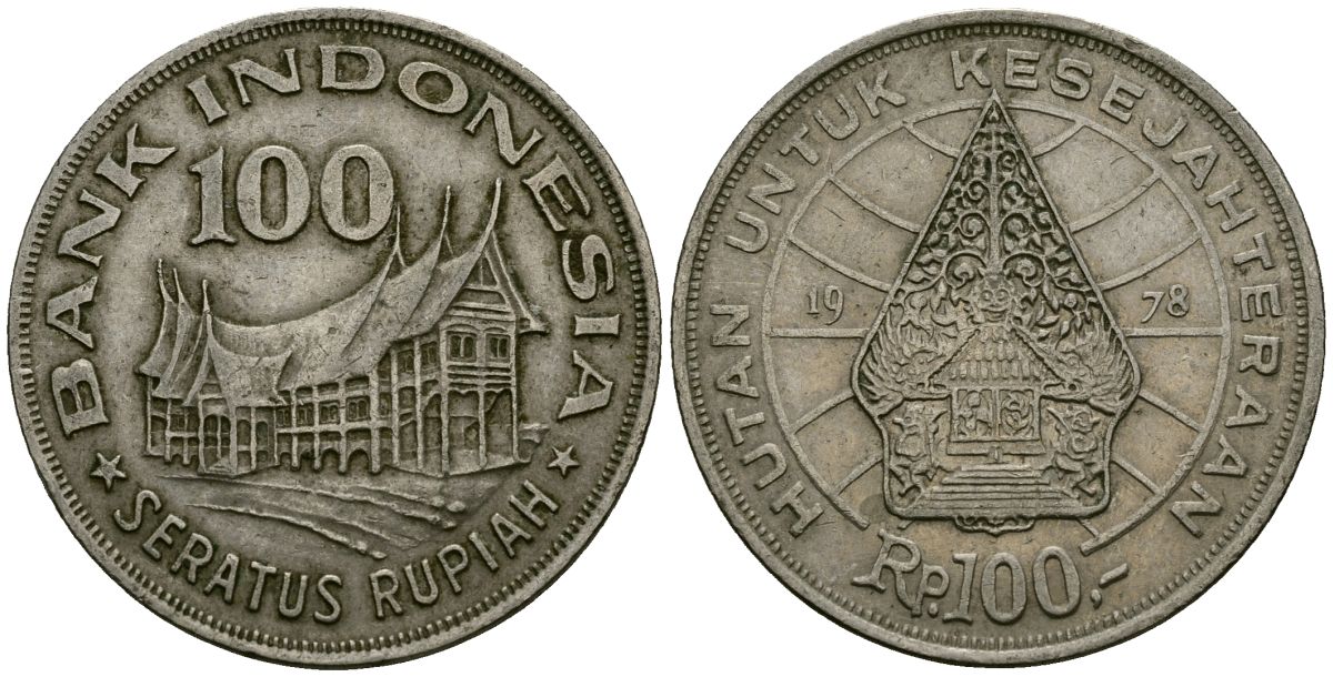 Индонезия 100 рупий 1978 хижина Минангкабау, легендарное дерево жизни KM 42 медно-никель 4137-332