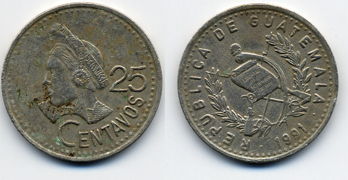 Гватемала 25 сентаво 1991 большая голова, Республика Гватемала KM 278.5  медно-никель 51-4843