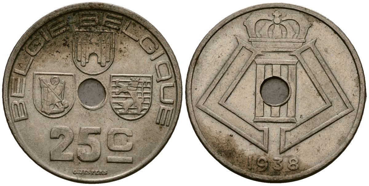 Бельгия 25 сантимов 1938 Belgie - Belgique KM 115 никель латунь 4583-842
