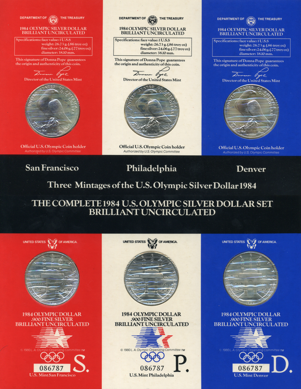 США набор из 3 монет по 1 доллару 1984 S, P, D, Олимпийские игры в Лос-Анджелесе, стадион, в оригинальном буклете KM 210 серебро UNC 7-4-2-28