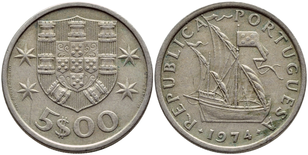 ПОРТУГАЛИЯ 5 ЭСКУДО 1974 ПАРУСНИК KM 591 медно-никель 4395-856