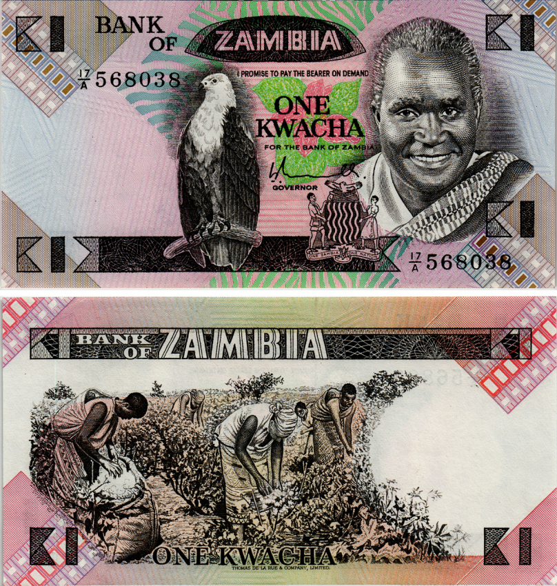 Замбия 1 квача ND (1980-88) Кеннет Каунда, сбор хлопка, подпись Mwananshiku Pick 23 a бумага аUNC 7457-38-3-1