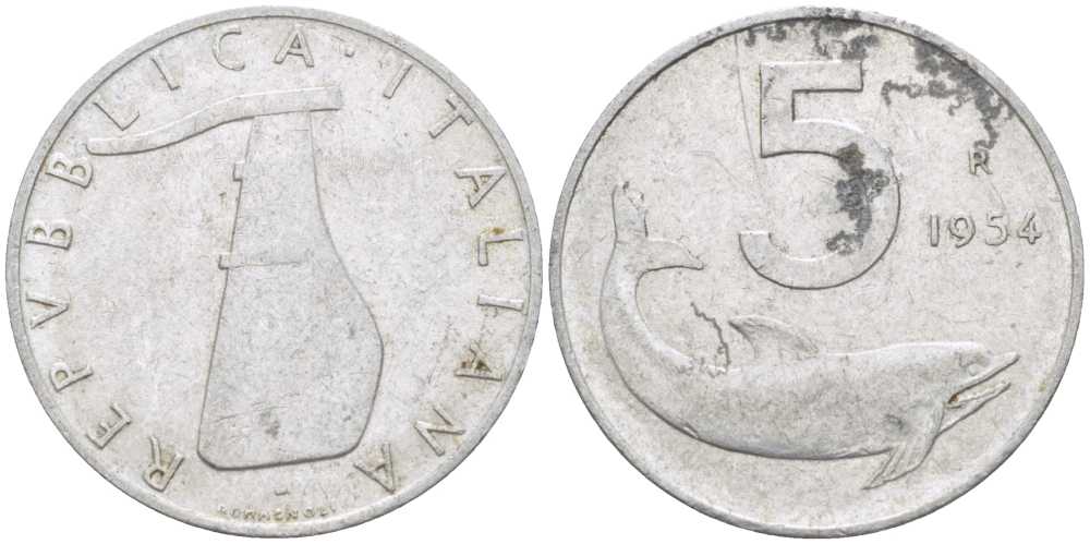 ИТАЛИЯ 5 ЛИР 1954 R, РУЛЬ, ДЕЛЬФИН KM 92 алюминий 175-114