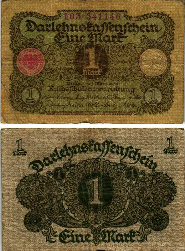 Германия 1 марка 1920 1 марта 1920, веймарская республика Pick 58, Rosenberg 64 бумага 7547-73-3-1