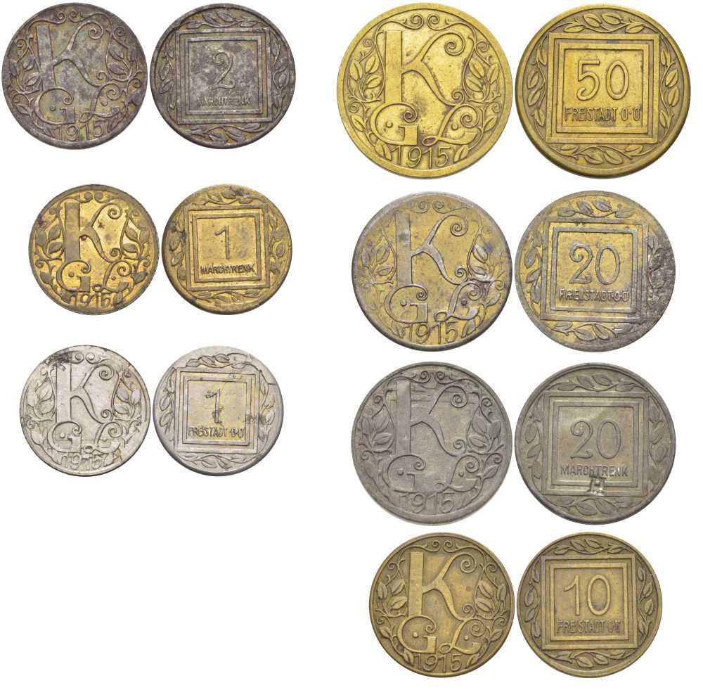 АВСТРИЯ ЛОТ ИЗ 7 МОНЕТ (1, 1, 2, 10, 20, 20, 50 ГЕЛЛЕРОВ) 1915 ЛАГЕРНЫЕ ДЕНЬГИ, ЛАГЕРЬ ДЛЯ РУССКИХ ВОЕЕНОПЛЕННЫХ ФРАЙШТАДТ (Freistadt O.O.) ( (Oberosterreich) ВЕРХНЯЯ АВСТРИЯ), БУКВЫ KGL АБРЕВИАТУРА Kriegsgefangenenlager, НОТГЕЛЬДЫ, 1, 2, 20 ГЕЛЛЕРОВ МА