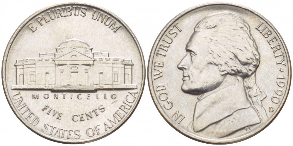 США 5 ЦЕНТОВ 1990 D, ДЖЕФЕРСОН KM А192 медно-никель 4546-1222