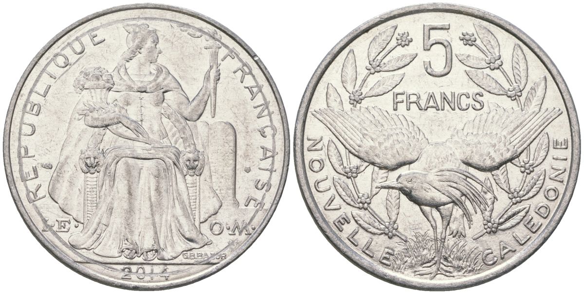 Французская Новая Каледония 5 франков 2014 птица кагу, (IEOM) KM 16, Schoen 12, Lec 81k алюминий 4117-1012