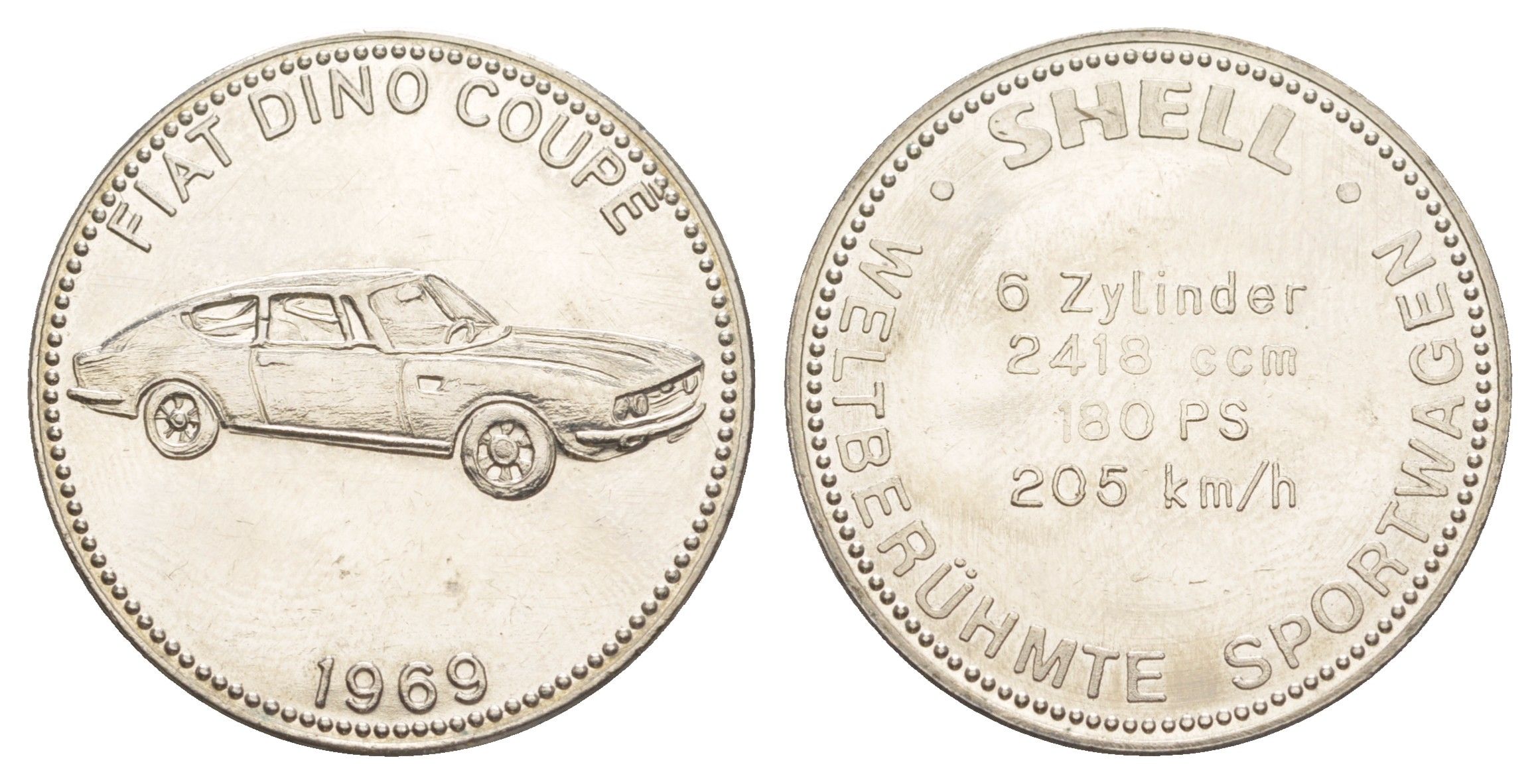 Германия жетон Shell - Знаменитые спортивные автомобили - Fiat Dino Coupe 1969 ND диаметр 29,6 мм, вес 9,8 гр сталь плакированная никелем 4175-857