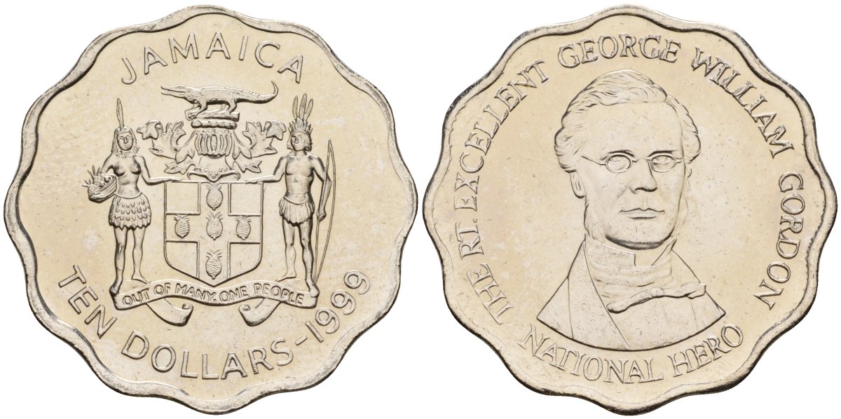 Ямайка 10 долларов 1999 KM 181 сталь плакированная никелем UNC 4118-534