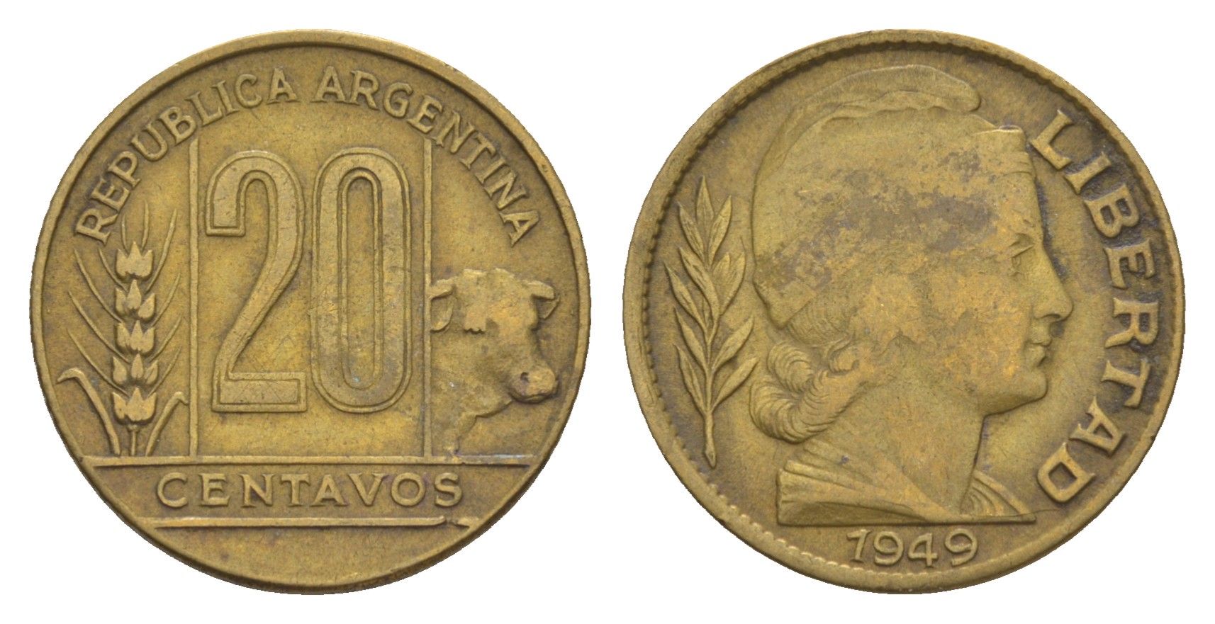 Аргентина 20 сентаво 1949 KM 42 алюминиевая бронза 4655-1026