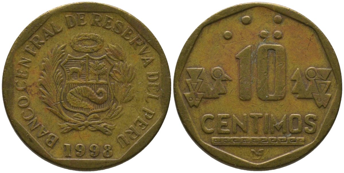 Перу 10 сентимо 1998 LIMA KM 305.2, Schon 104 латунь 4543-716