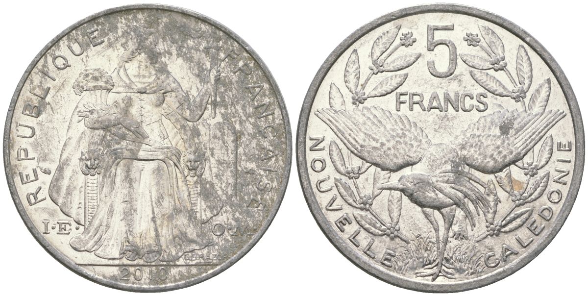 Французская Новая Каледония 5 франков 2010 птица кагу, (IEOM) KM 16, Schoen 12, Lec 81k алюминий 4111-716