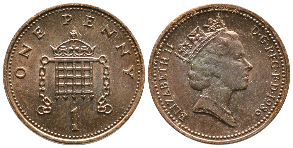 Великобритания 1 пенни 1986 Елизавета II (1952-2022) KM 935, Spink 4381 (B3) бронза 87-634