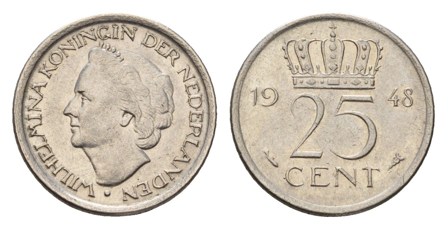 Нидерланды 25 центов 1948 Вильгельмина (1890-1948) KM 178 никель 4627-966
