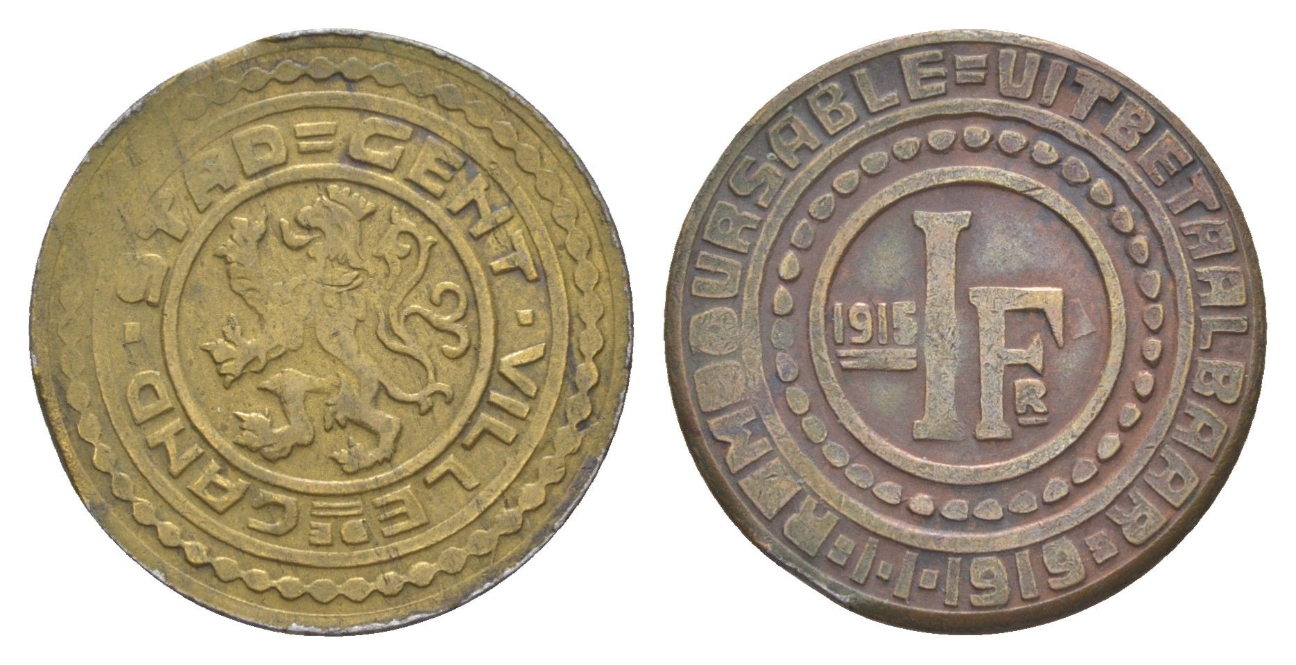 Бельгия, Гент 1 франк 1915 KM Tn2 железо плакированная латунью 1528-1225