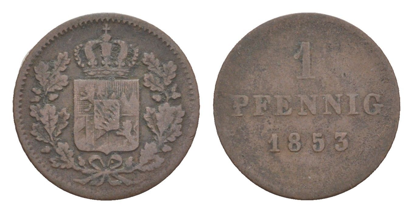 Бавария 1 пфенниг 1853 Максимилиан II (1848-1864) KM 797 медь 4649-459
