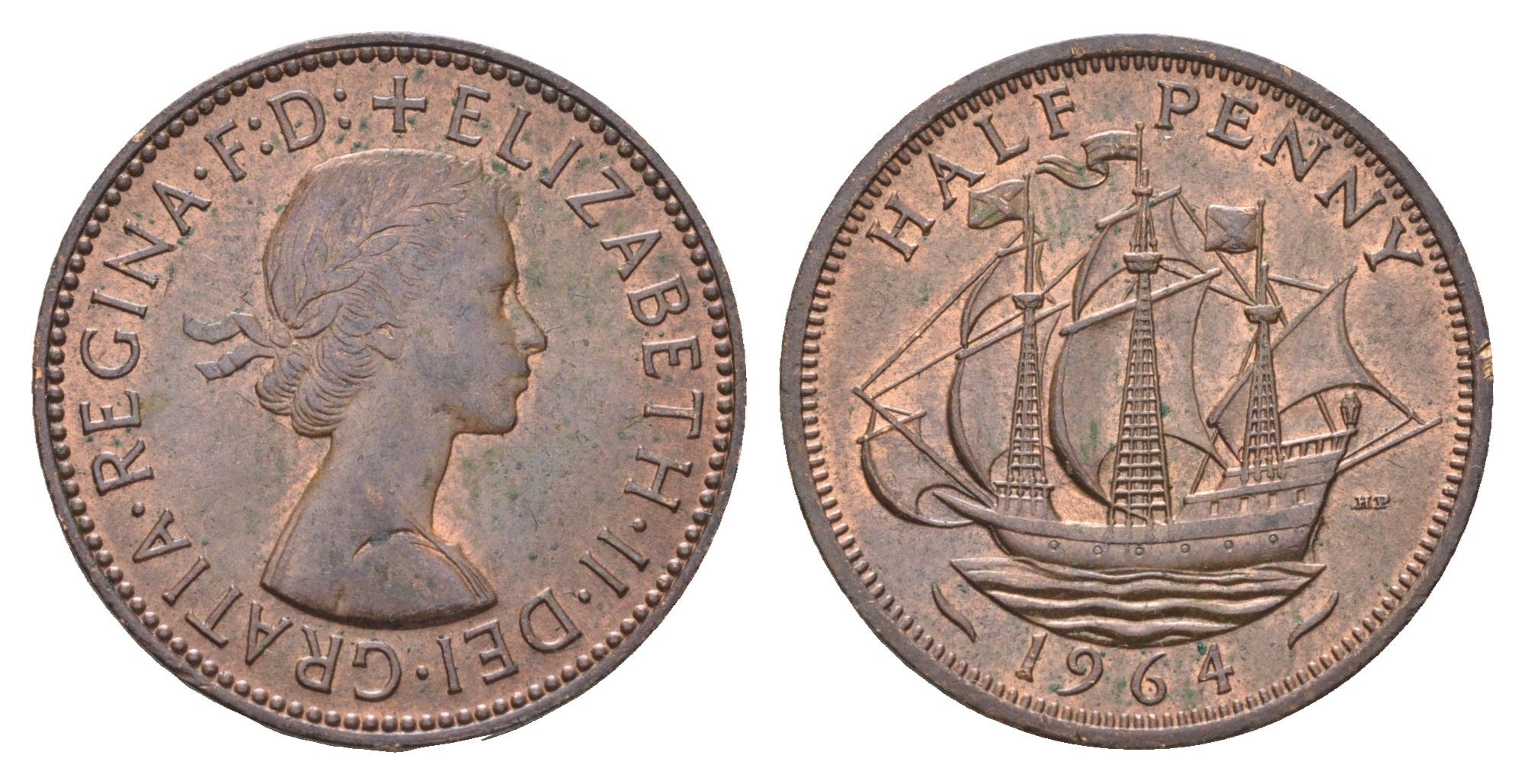 Великобритания 1/2 пенни 1964 Елизавета II (1952-2022) KM 896, Spink 4158 бронза  aUNC  4660-645