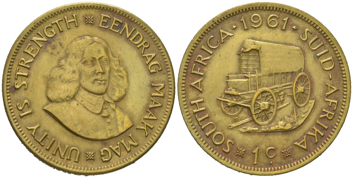 ЮАР 1 цент 1961 повозка, Ян ван Райбек KM 57 латунь 4389-545