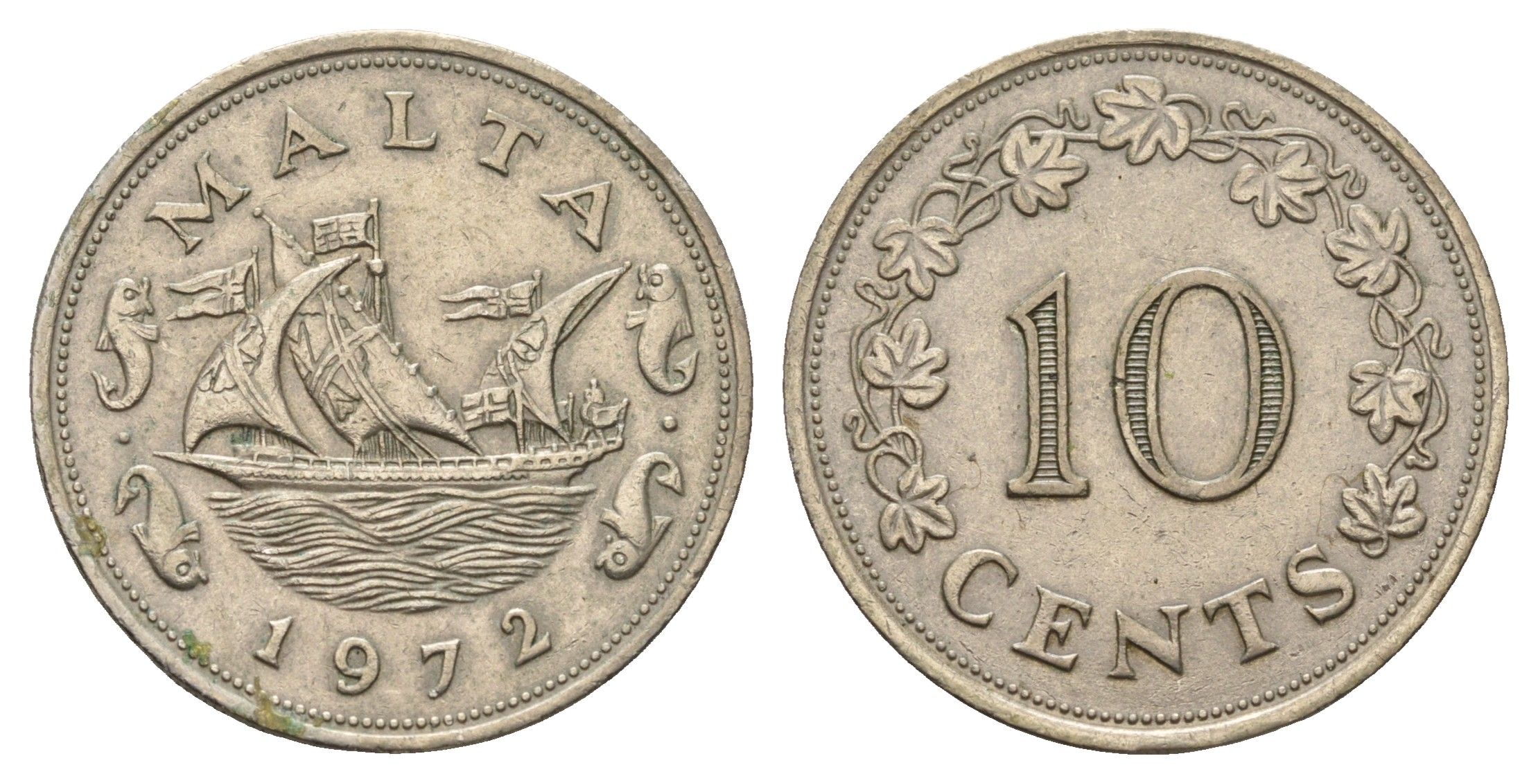 Мальта 10 центов 1972 баржа Великого магистра KM 11 медно-никель 4183-836