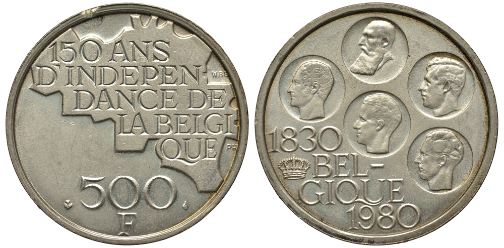 Бельгия 500 франков 1980 150 лет независимости, Belgique, Бодуэн I (1951-1993) KM 161 медно-никель покрытый серебром 443-921