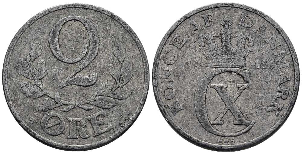 ДАНИЯ 2 ЭРЕ 1941 N; S, КРИСТИАН X (1912-1947) KM 833 алюминий 117-625